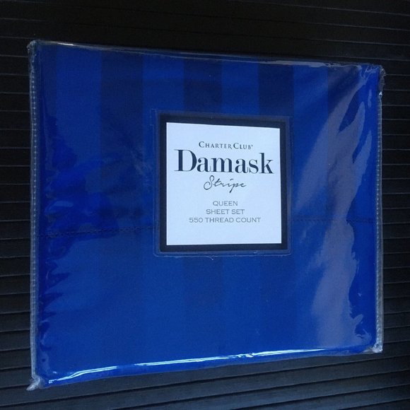 4-pc COBALT BLUE STRIPE Charter Club Damask 550 TC 100% Cotton QUEEN Sheet Set - Picture 10 of 11
